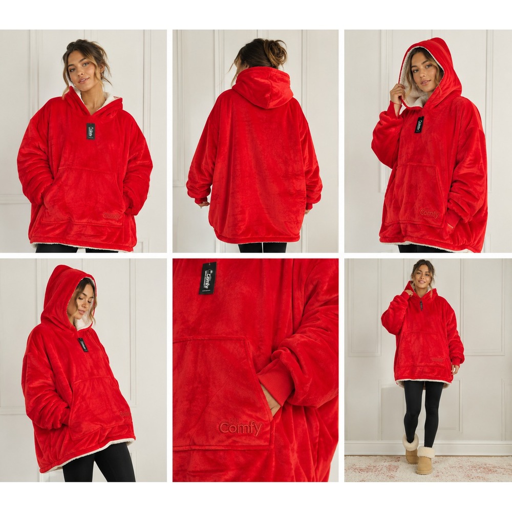The Comfy Cozy Oversized Pullover Hoodie Blanket w Pockets One Size Red